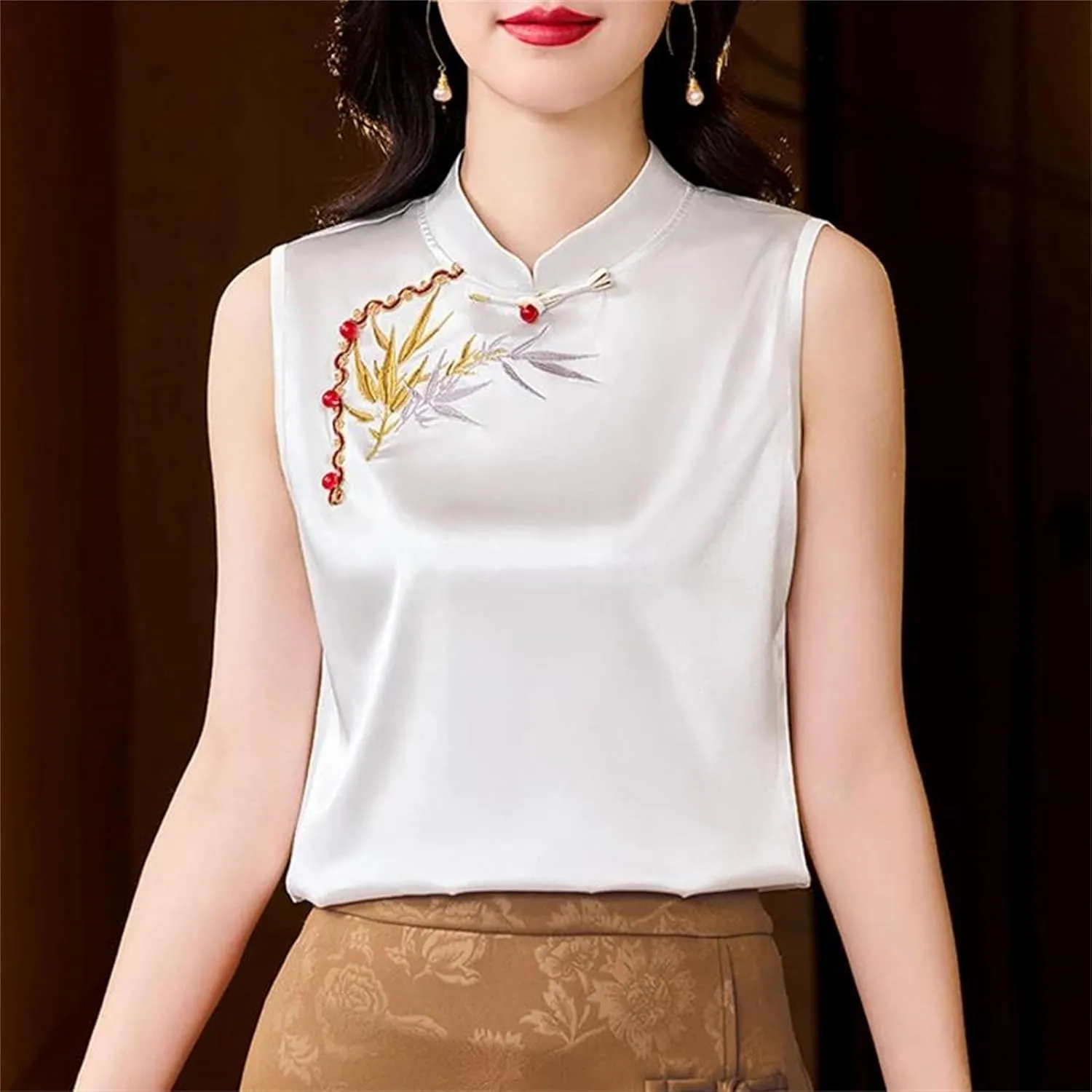 Women's Satin Blouse Sleeveless Mandarin Collar Button-Down Embroidered Shirt Formal Evening Party Outfit for Wedding Guest