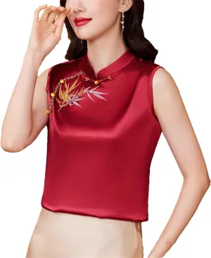 Women's Satin Blouse Sleeveless Mandarin Collar Button-Down Embroidered Shirt Formal Evening Party Outfit for Wedding Guest