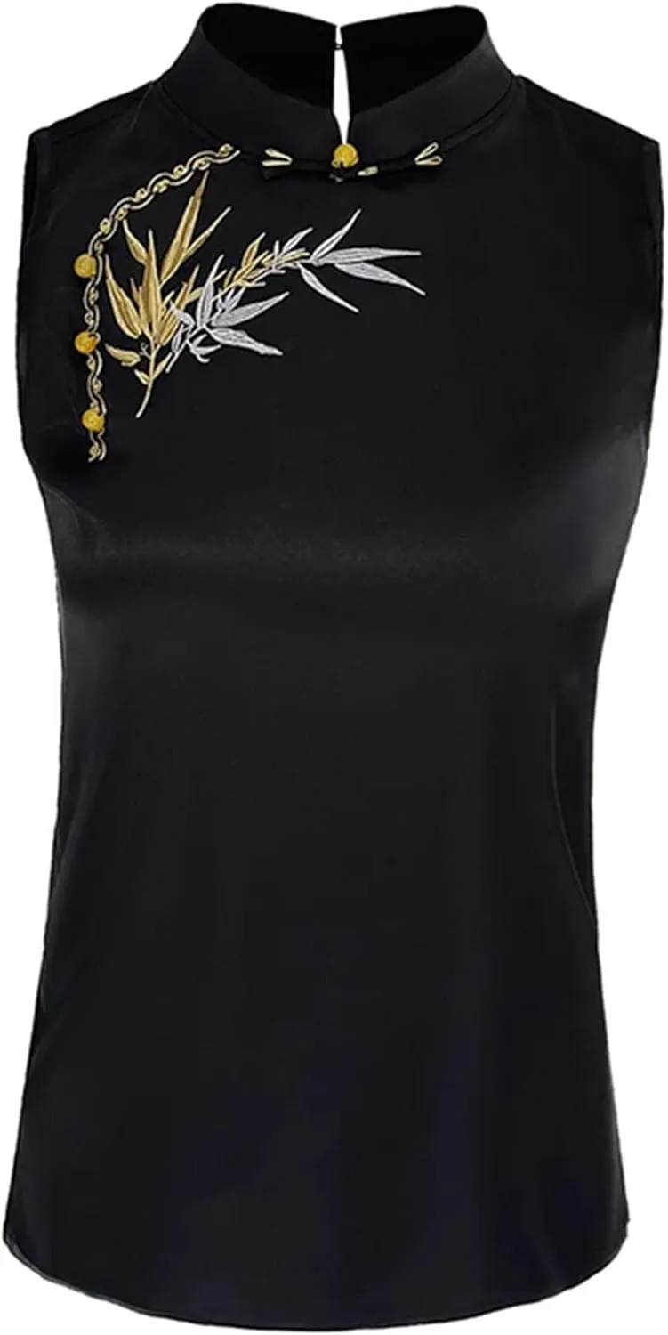 Women's Satin Blouse Sleeveless Mandarin Collar Button-Down Embroidered Shirt Formal Evening Party Outfit for Wedding Guest