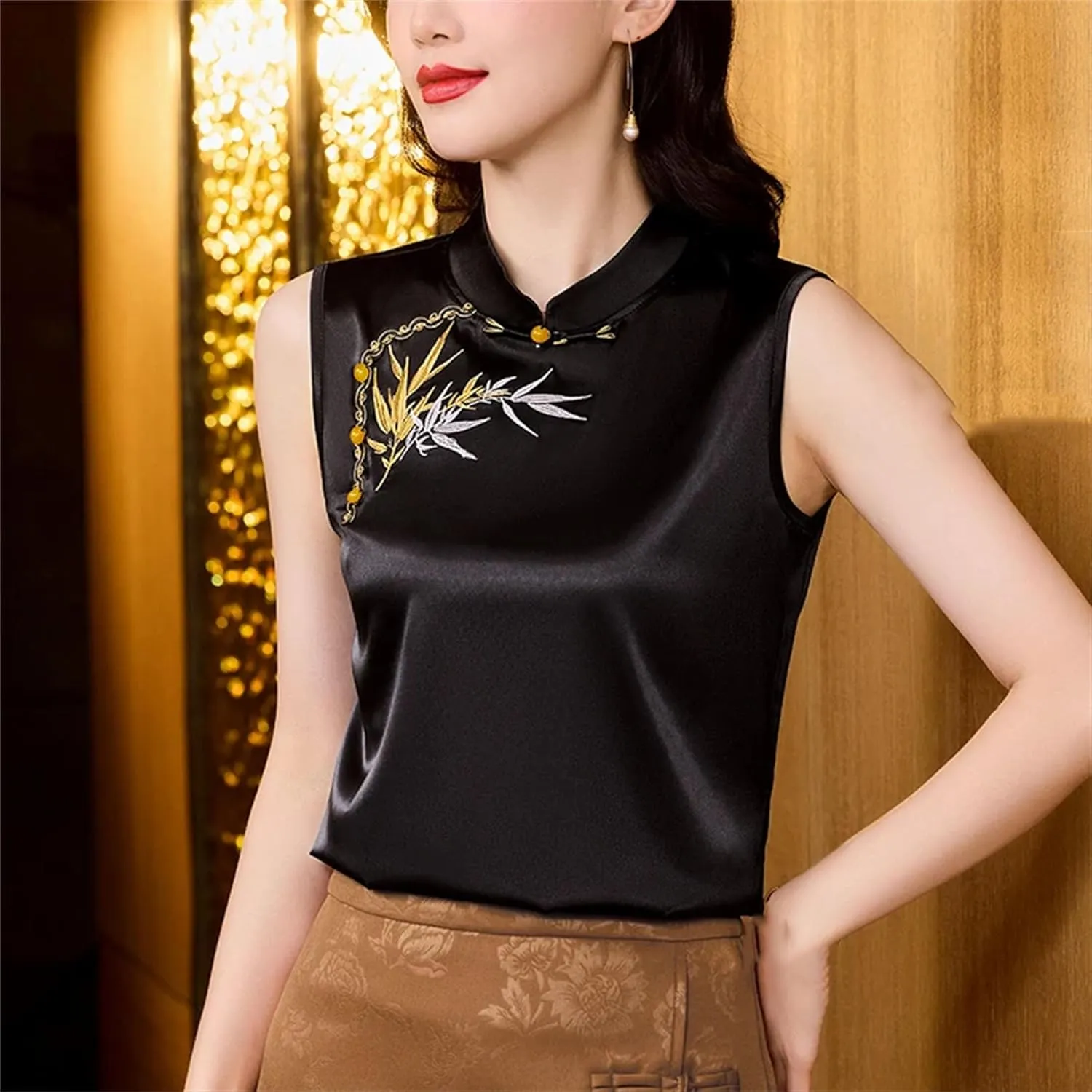 Women's Satin Blouse Sleeveless Mandarin Collar Button-Down Embroidered Shirt Formal Evening Party Outfit for Wedding Guest