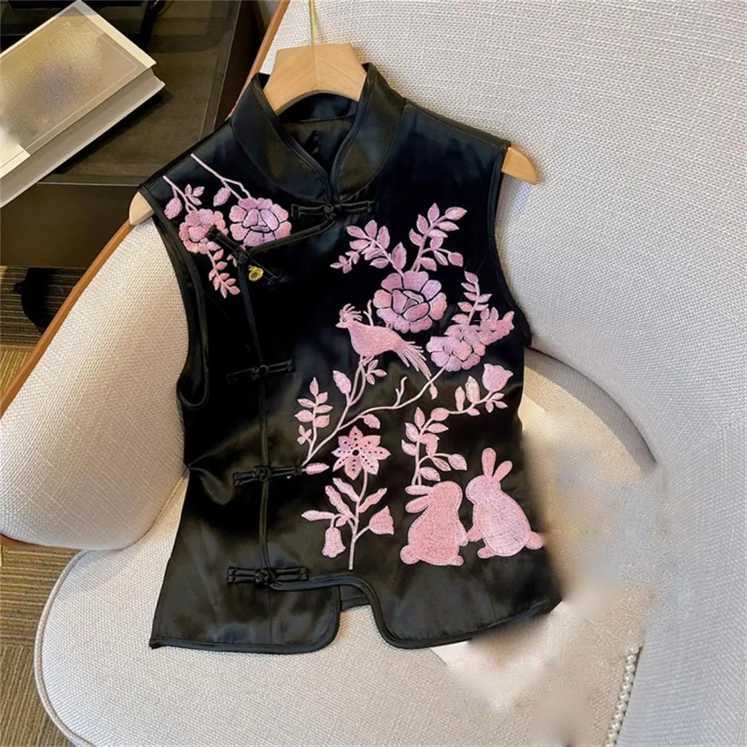 Women's Satin Blouse Sleeveless Mandarin Collar Embroidery Shirt with Buckle Elegant Wedding Guest Outfit for Evening Party