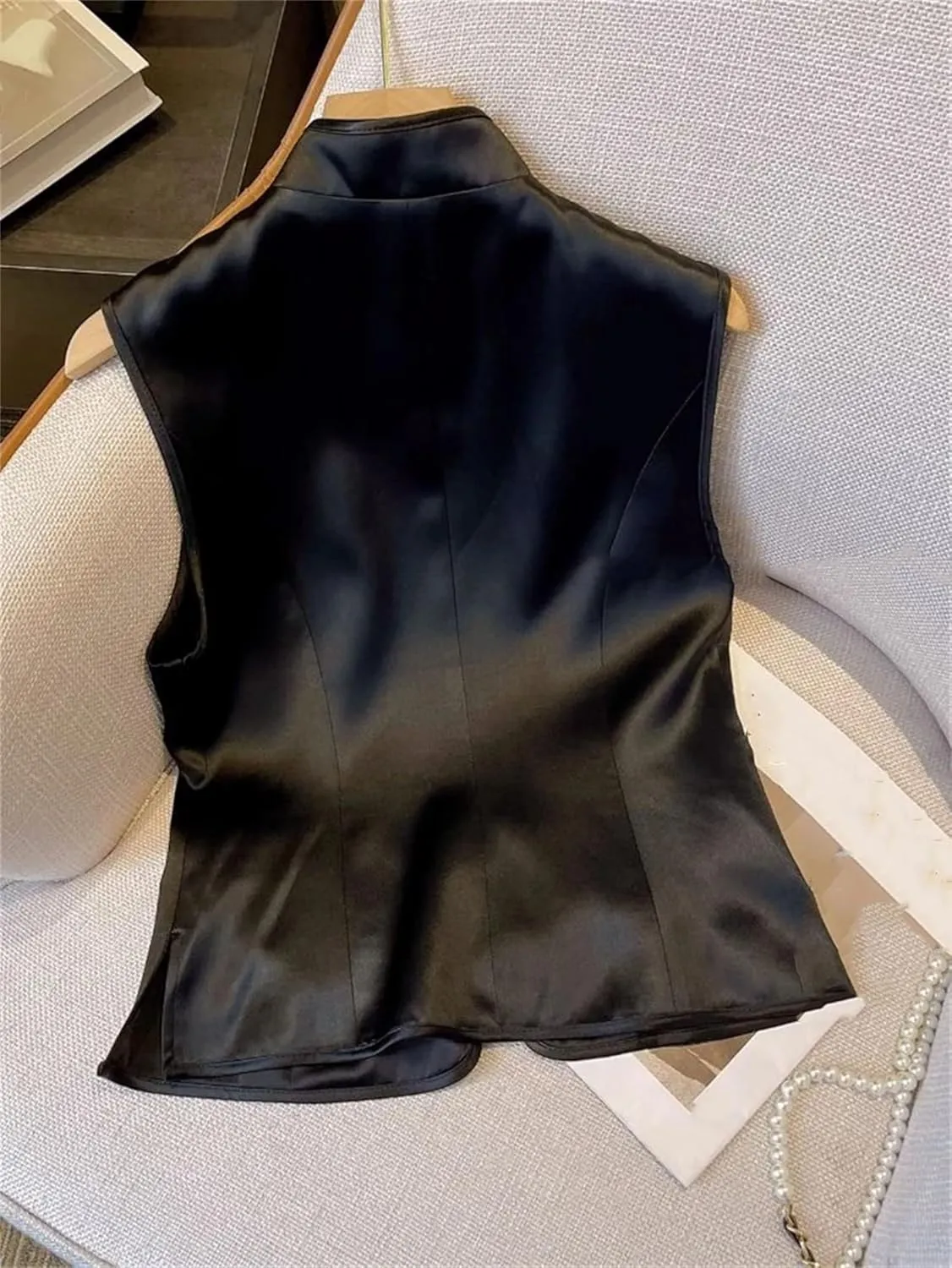 Women's Satin Blouse Sleeveless Mandarin Collar Embroidery Shirt with Buckle Elegant Wedding Guest Outfit for Evening Party