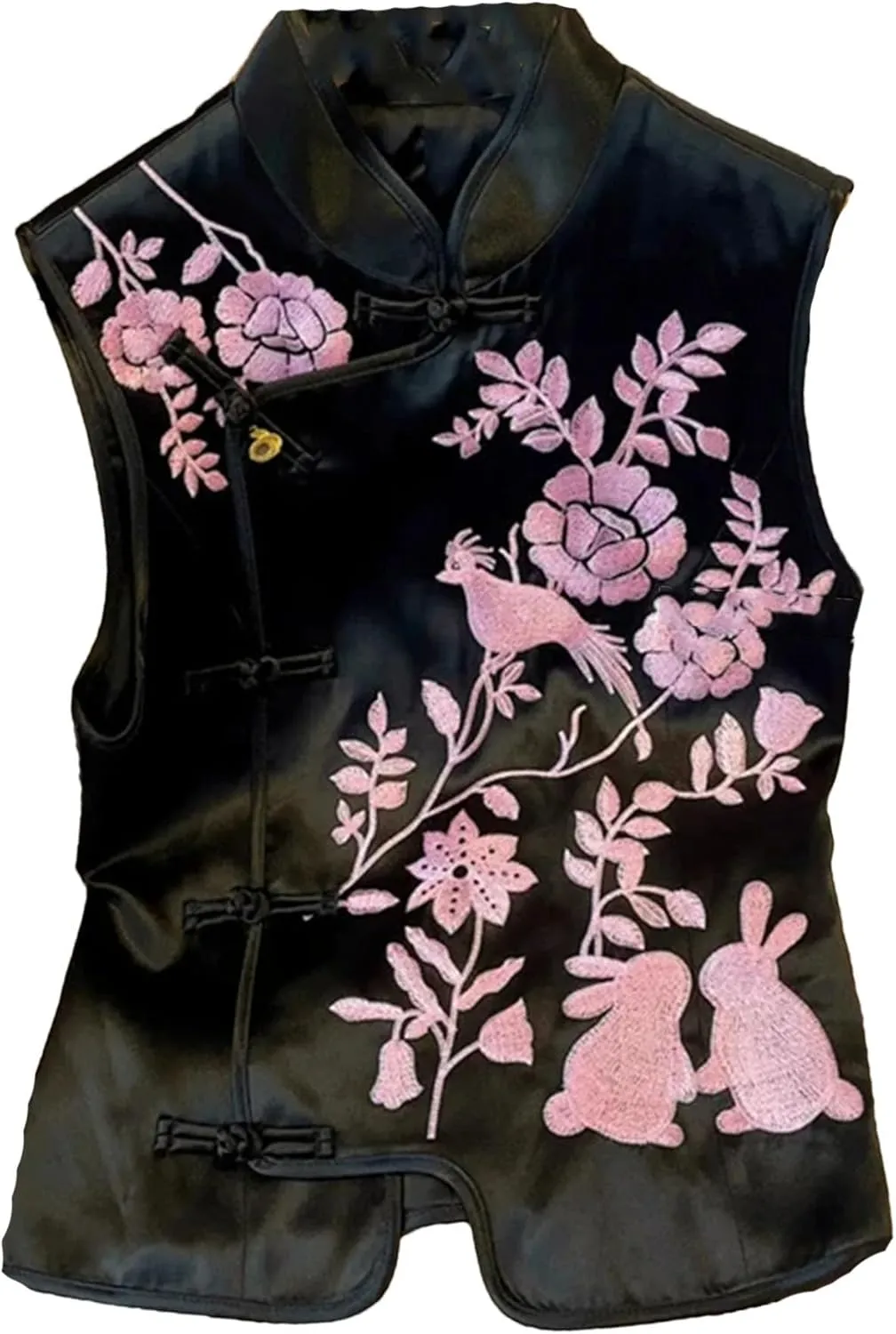 Women's Satin Blouse Sleeveless Mandarin Collar Embroidery Shirt with Buckle Elegant Wedding Guest Outfit for Evening Party