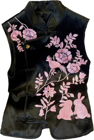 Women's Satin Blouse Sleeveless Mandarin Collar Embroidery Shirt with Buckle Elegant Wedding Guest Outfit for Evening Party