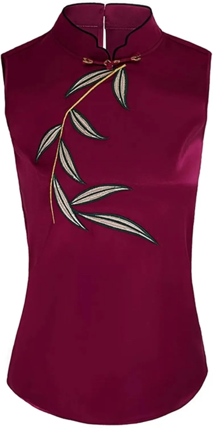 Women's Satin Blouse - Slim Fit Sleeveless Embroidered Top for Wedding Guest & Evening Party Lightweight Summer Vest