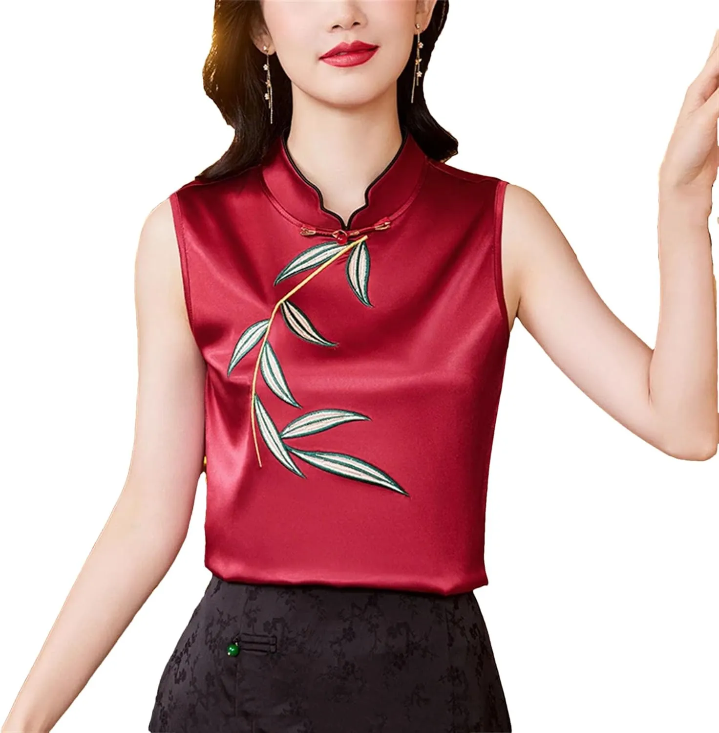 Women's Satin Blouse - Slim Fit Sleeveless Embroidered Top for Wedding Guest & Evening Party Lightweight Summer Vest
