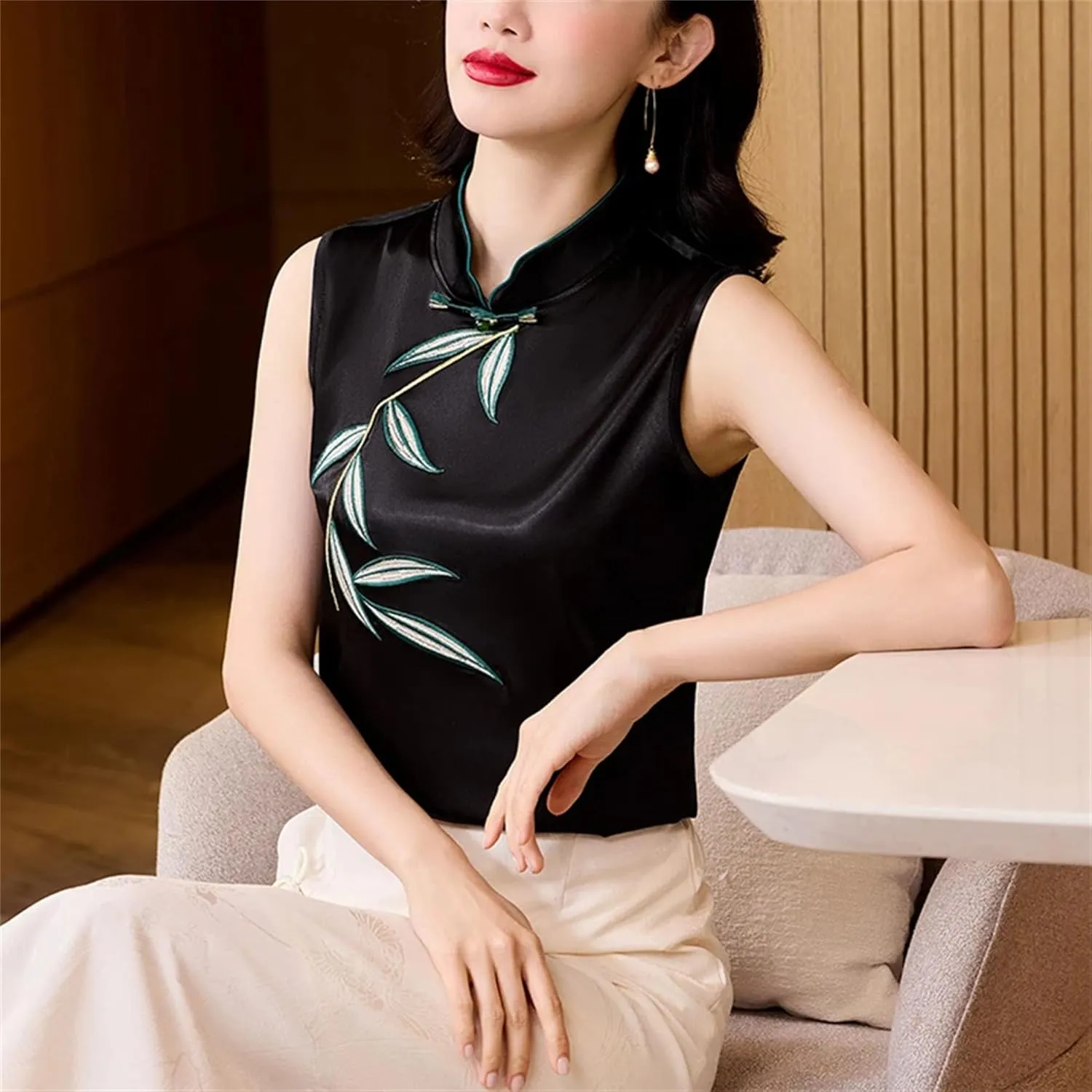 Women's Satin Blouse - Slim Fit Sleeveless Embroidered Top for Wedding Guest & Evening Party Lightweight Summer Vest
