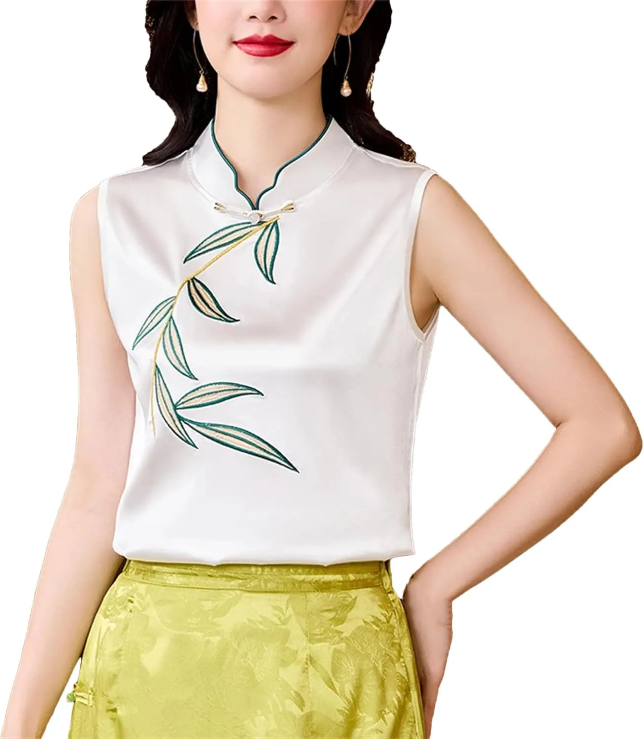 Women's Satin Blouse - Slim Fit Sleeveless Embroidered Top for Wedding Guest & Evening Party Lightweight Summer Vest