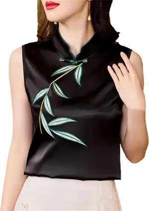 Women's Satin Blouse - Slim Fit Sleeveless Embroidered Top for Wedding Guest & Evening Party Lightweight Summer Vest