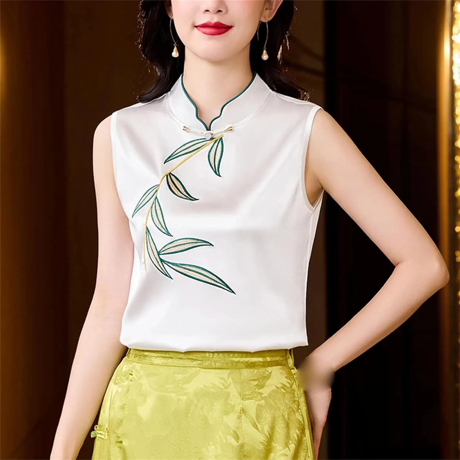 Women's Satin Blouse - Slim Fit Sleeveless Embroidered Top for Wedding Guest & Evening Party Lightweight Summer Vest