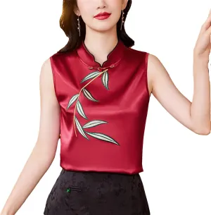 Women's Satin Blouse - Slim Fit Sleeveless Embroidered Top for Wedding Guest & Evening Party Lightweight Summer Vest