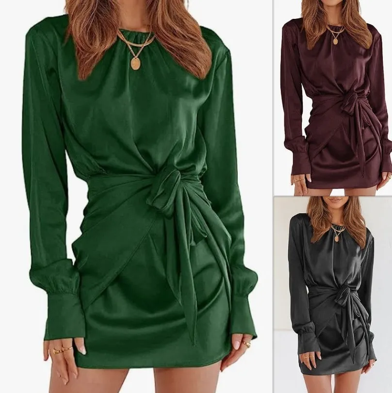 Women's Satin Long Sleeve Round Neck Tied Elegant Cocktail Party Dress
