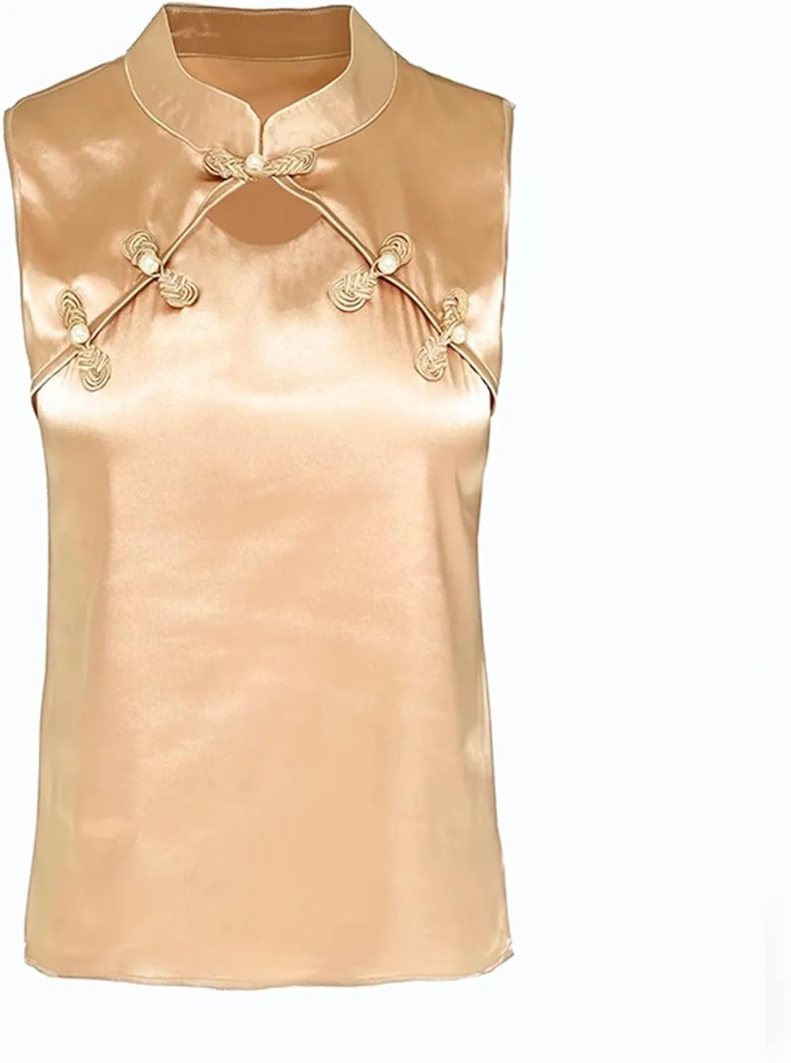 Women's Satin V-Neck Blouse Sleeveless Lace Trim Wedding Guest Top with Pearl Buttons for Cocktail Evening Party