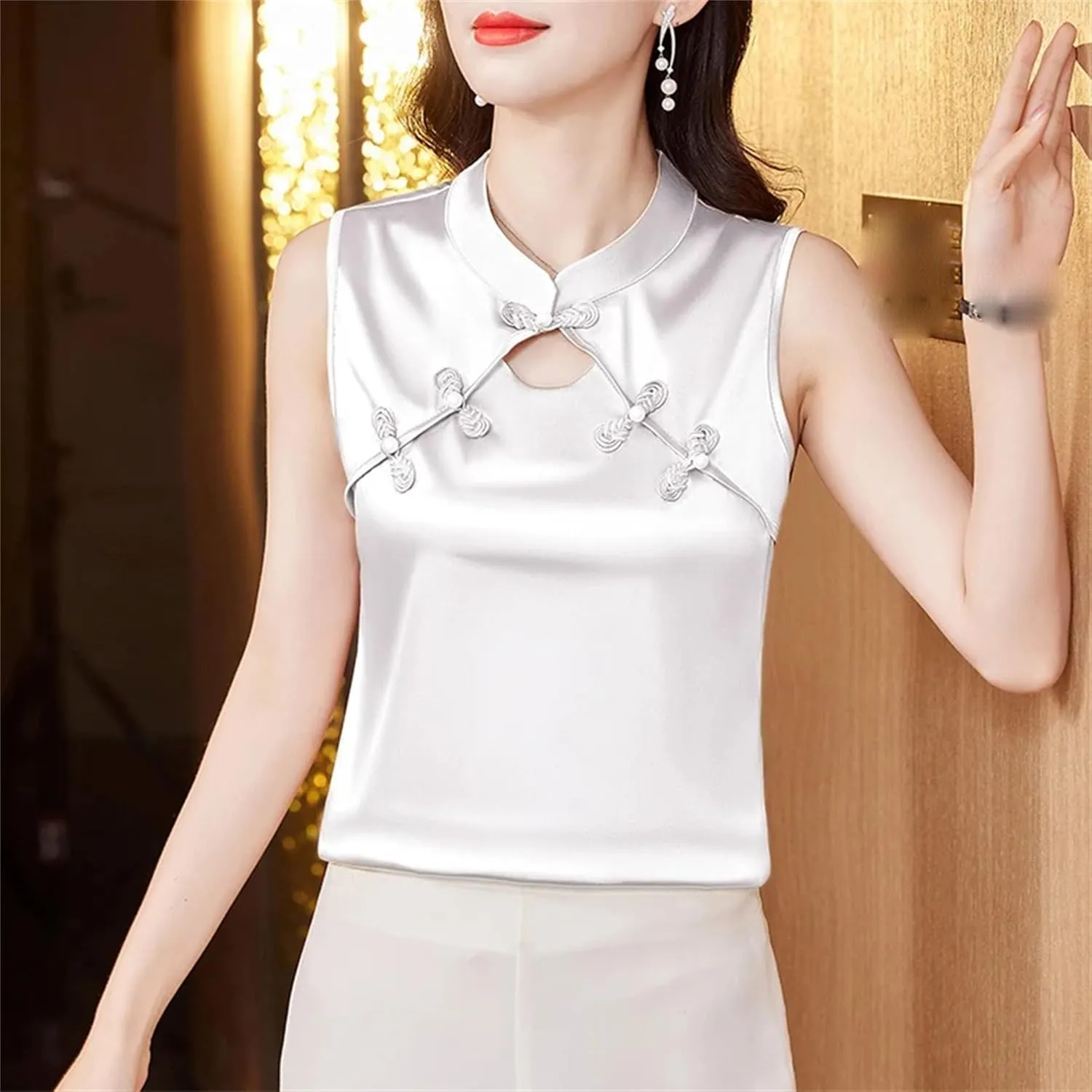 Women's Satin V-Neck Blouse Sleeveless Lace Trim Wedding Guest Top with Pearl Buttons for Cocktail Evening Party