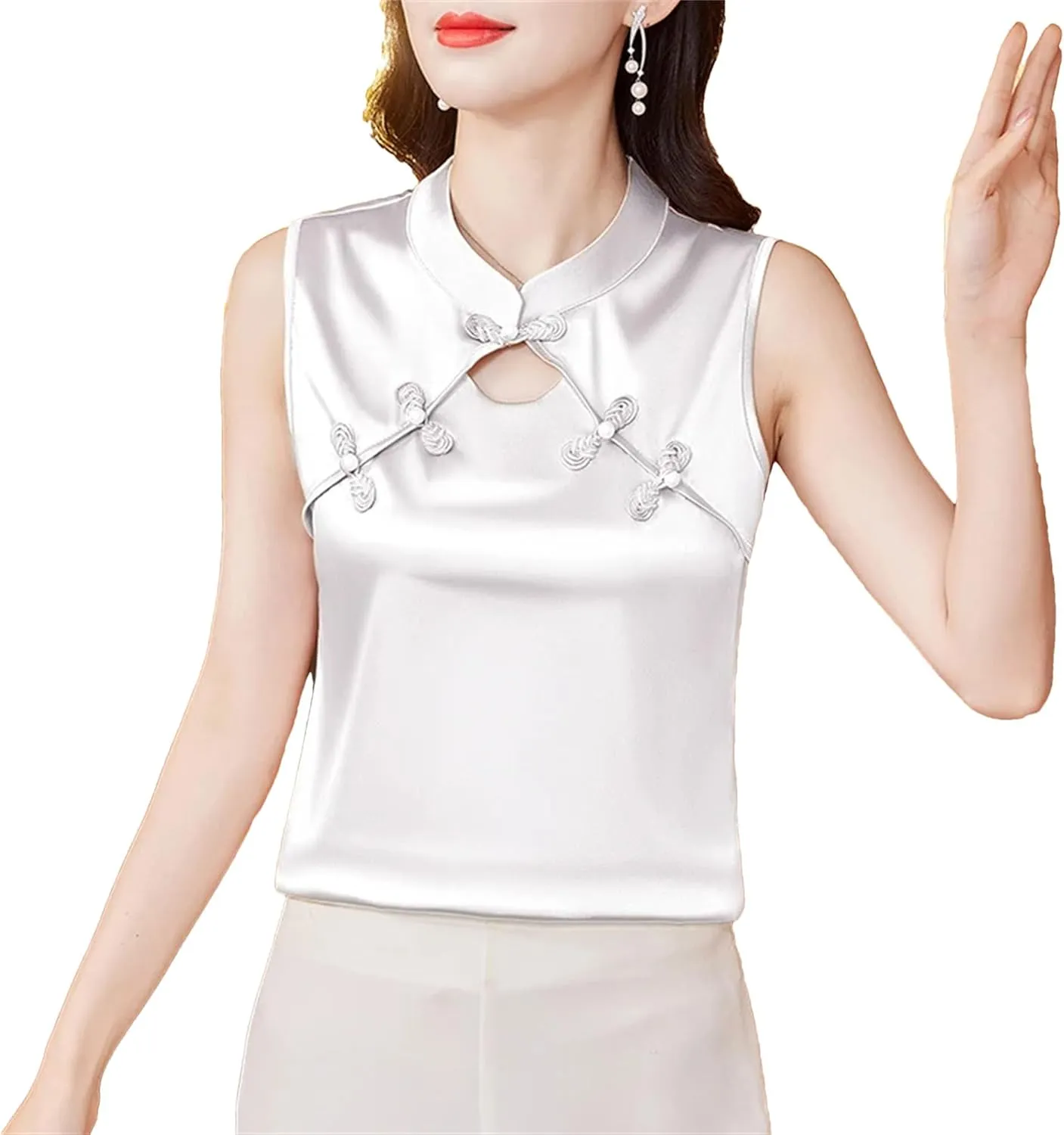 Women's Satin V-Neck Blouse Sleeveless Lace Trim Wedding Guest Top with Pearl Buttons for Cocktail Evening Party