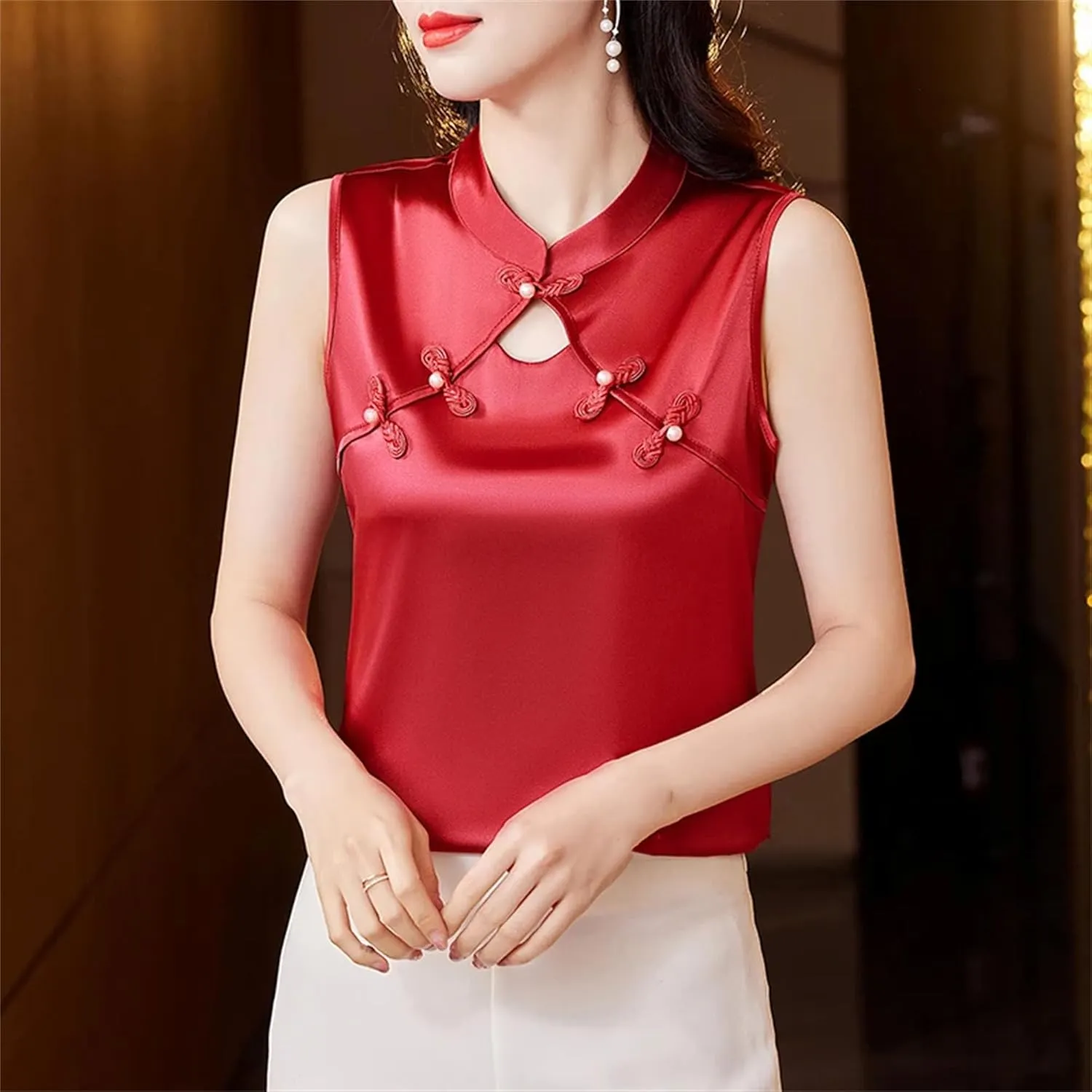Women's Satin V-Neck Blouse Sleeveless Lace Trim Wedding Guest Top with Pearl Buttons for Cocktail Evening Party