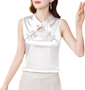 Women's Satin V-Neck Blouse Sleeveless Lace Trim Wedding Guest Top with Pearl Buttons for Cocktail Evening Party