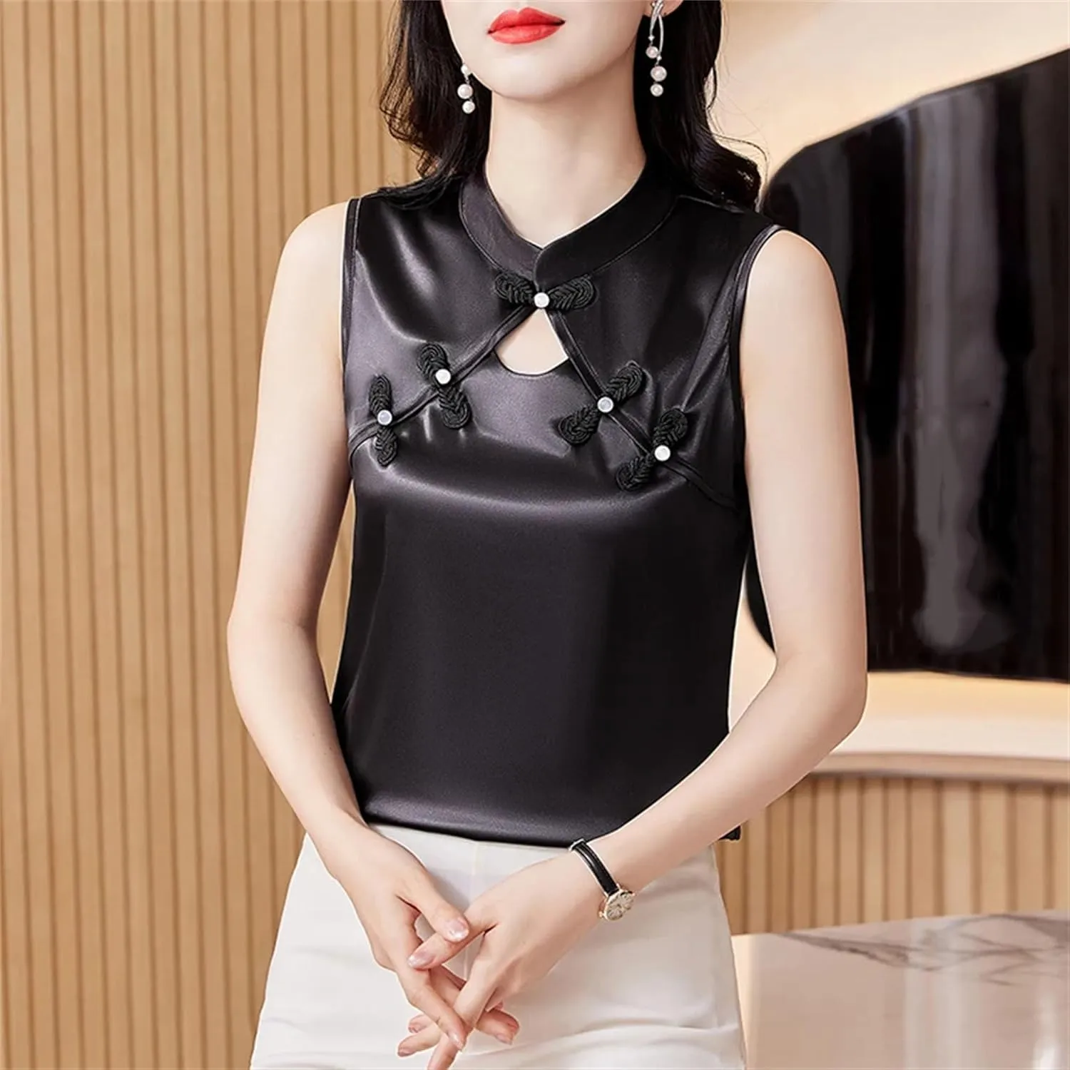 Women's Satin V-Neck Blouse Sleeveless Lace Trim Wedding Guest Top with Pearl Buttons for Cocktail Evening Party