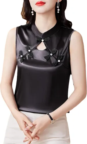 Women's Satin V-Neck Blouse Sleeveless Lace Trim Wedding Guest Top with Pearl Buttons for Cocktail Evening Party