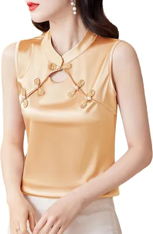 Women's Satin V-Neck Blouse Sleeveless Lace Trim Wedding Guest Top with Pearl Buttons for Cocktail Evening Party
