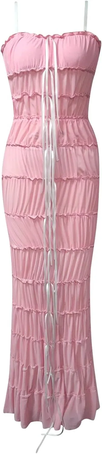 Women's Sexy Maxi Dress Y2K Floral Spaghetti Strap Backless Bodycon Dresses Party Club Summer Lace Long Dress