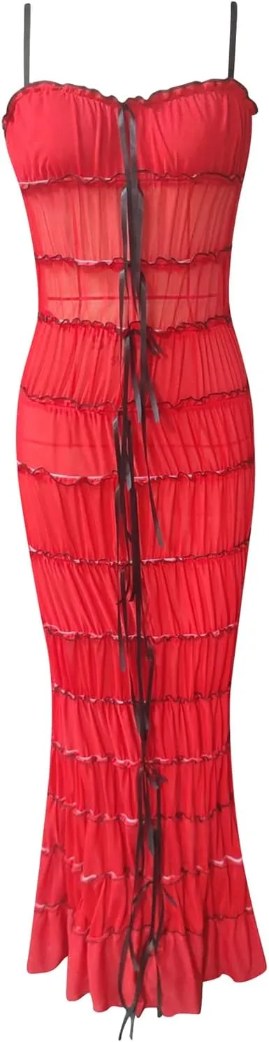Women's Sexy Maxi Dress Y2K Floral Spaghetti Strap Backless Bodycon Dresses Party Club Summer Lace Long Dress