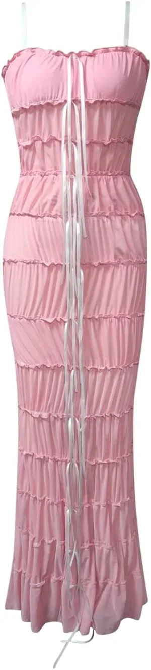 Women's Sexy Maxi Dress Y2K Floral Spaghetti Strap Backless Bodycon Dresses Party Club Summer Lace Long Dress