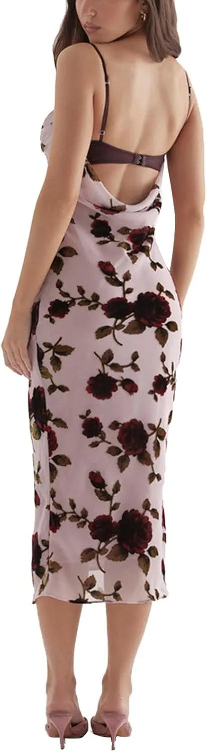 Women's Sexy Maxi Dress Y2K Floral Spaghetti Strap Backless Bodycon Dresses Party Club Summer Lace Long Dress