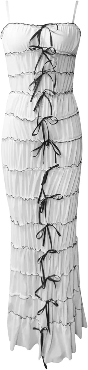 Women's Sexy Maxi Dress Y2K Floral Spaghetti Strap Backless Bodycon Dresses Party Club Summer Lace Long Dress