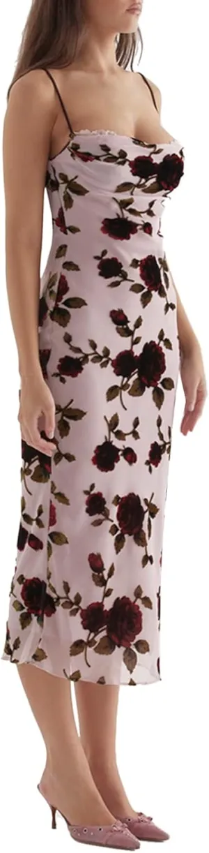 Women's Sexy Maxi Dress Y2K Floral Spaghetti Strap Backless Bodycon Dresses Party Club Summer Lace Long Dress