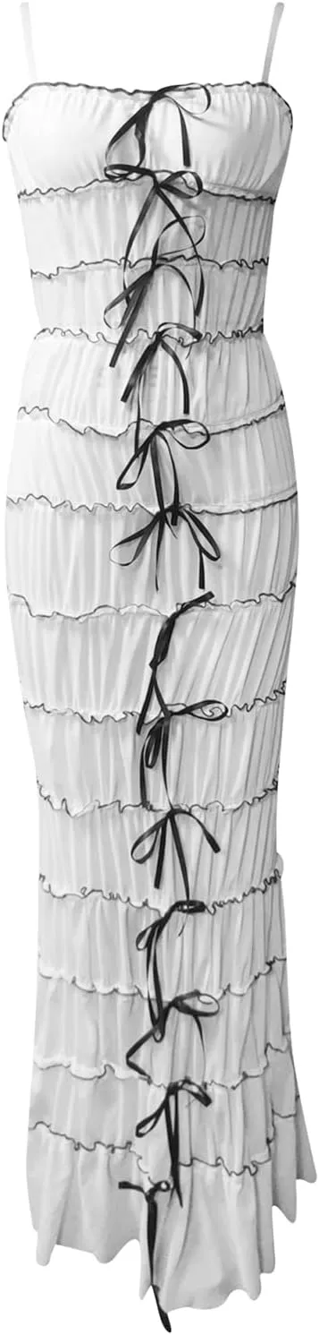 Women's Sexy Maxi Dress Y2K Floral Spaghetti Strap Backless Bodycon Dresses Party Club Summer Lace Long Dress