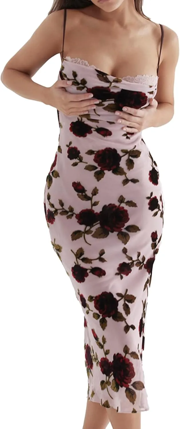 Women's Sexy Maxi Dress Y2K Floral Spaghetti Strap Backless Bodycon Dresses Party Club Summer Lace Long Dress