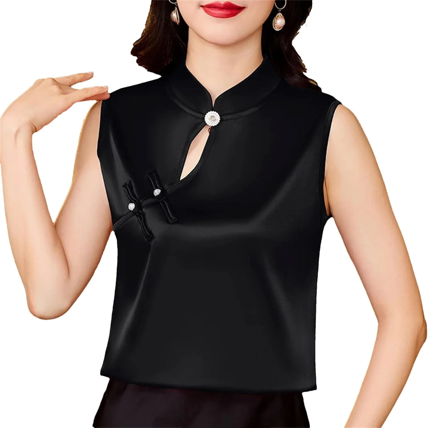 Women's Silk Satin Blouse with Hollow Out Lightweight & Breathable Sleeveless Mandarin Collar Vest Wedding Guest Top