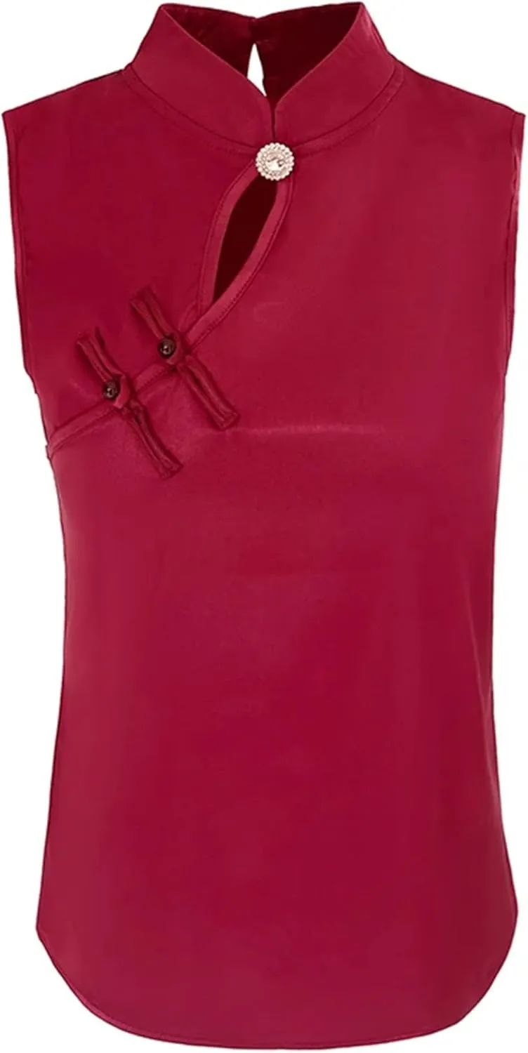 Women's Silk Satin Blouse with Hollow Out Lightweight & Breathable Sleeveless Mandarin Collar Vest Wedding Guest Top