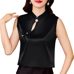 Women's Silk Satin Blouse with Hollow Out Lightweight & Breathable Sleeveless Mandarin Collar Vest Wedding Guest Top