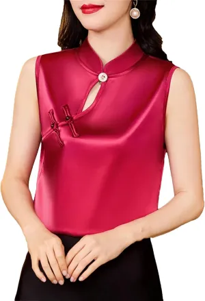 Women's Silk Satin Blouse with Hollow Out Lightweight & Breathable Sleeveless Mandarin Collar Vest Wedding Guest Top
