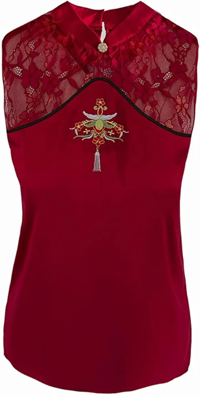 Women's Silk Satin Embroidered Vest Breathable Sleeveless Mandarin Collar Blouse with Lace Summer Wedding Guest Top