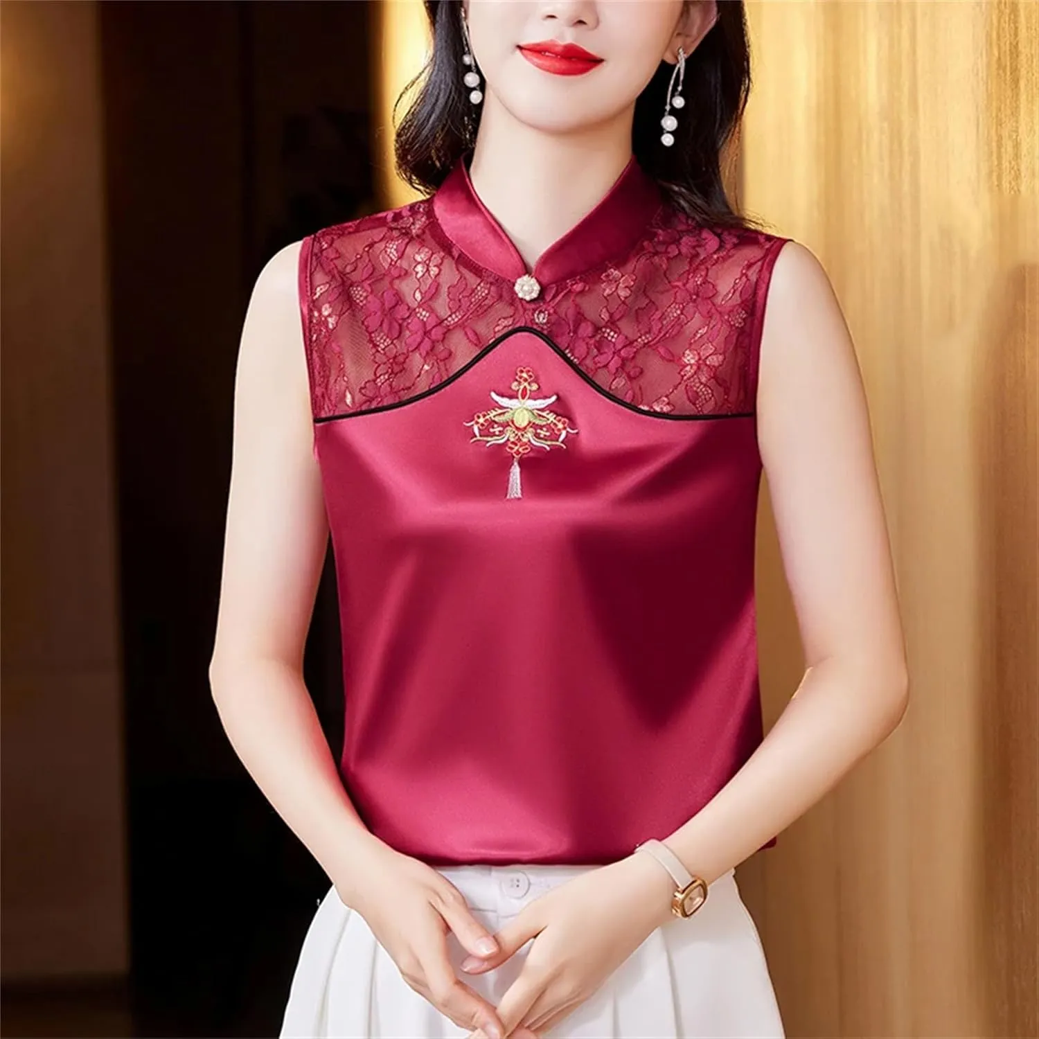 Women's Silk Satin Embroidered Vest Breathable Sleeveless Mandarin Collar Blouse with Lace Summer Wedding Guest Top