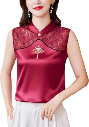 Women's Silk Satin Embroidered Vest Breathable Sleeveless Mandarin Collar Blouse with Lace Summer Wedding Guest Top