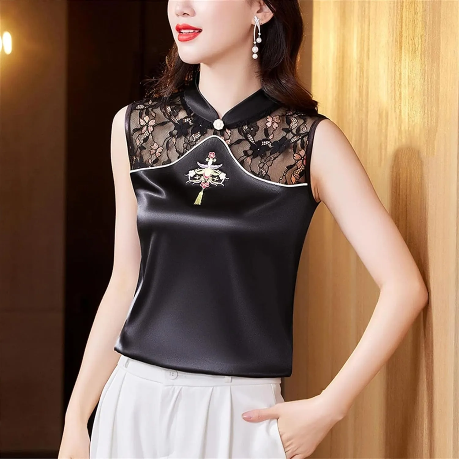 Women's Silk Satin Embroidered Vest Breathable Sleeveless Mandarin Collar Blouse with Lace Summer Wedding Guest Top