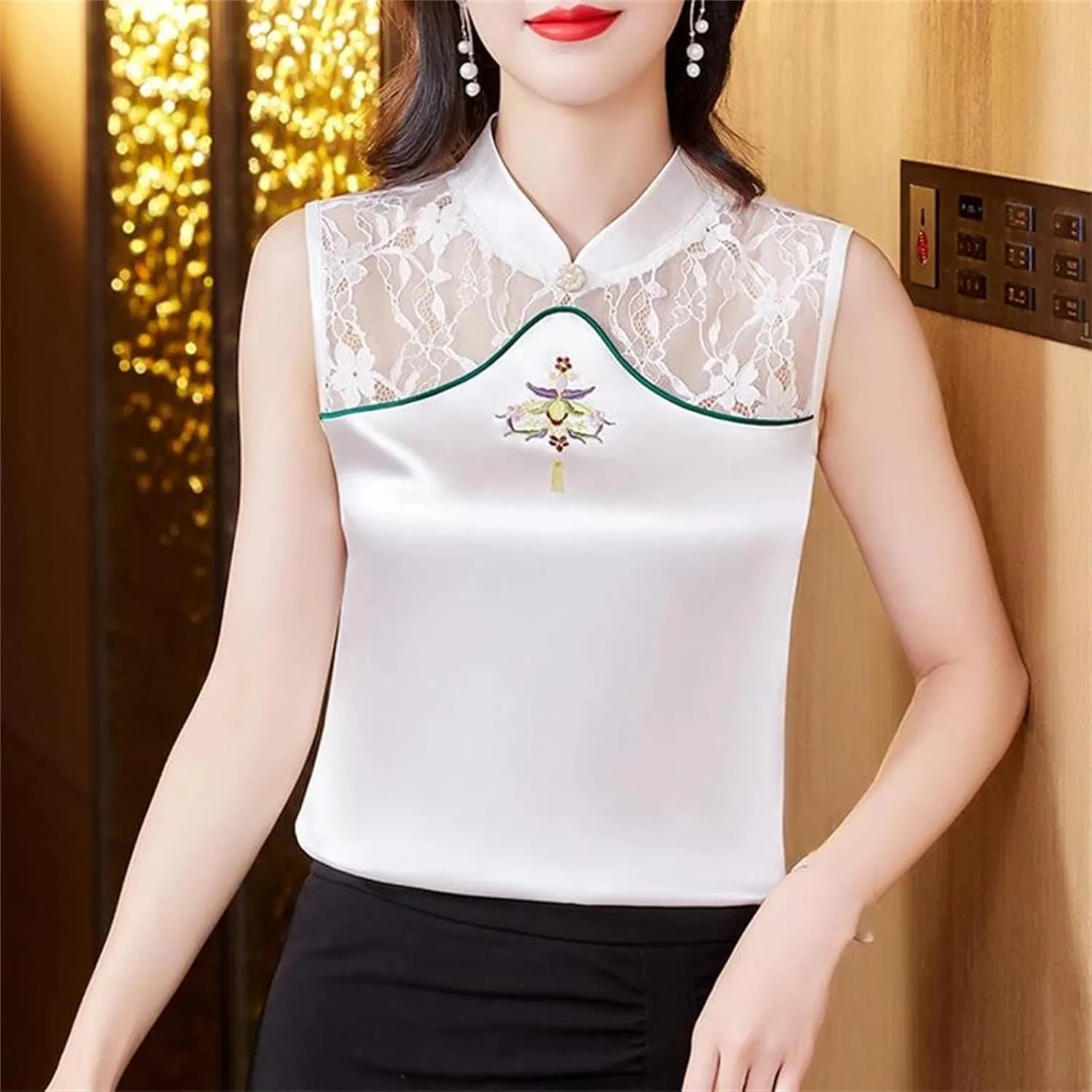 Women's Silk Satin Embroidered Vest Breathable Sleeveless Mandarin Collar Blouse with Lace Summer Wedding Guest Top