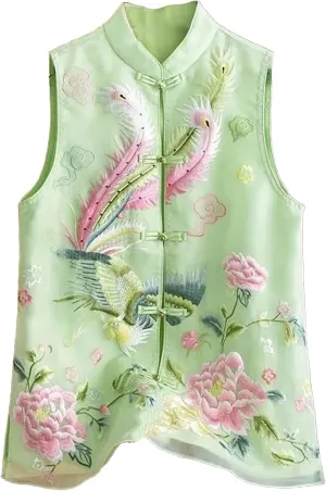 Women's Sleeveless Chiffon Blouses Elegant Mandarin Collar Embroidery Shirt Vintage Button Down Wedding Guest Outfit