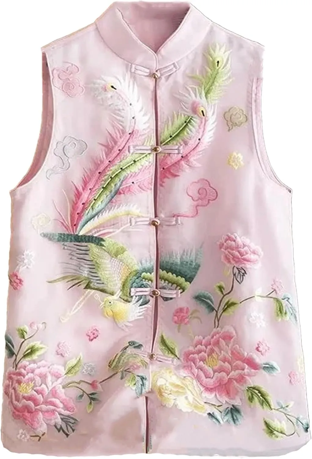 Women's Sleeveless Chiffon Blouses Elegant Mandarin Collar Embroidery Shirt Vintage Button Down Wedding Guest Outfit