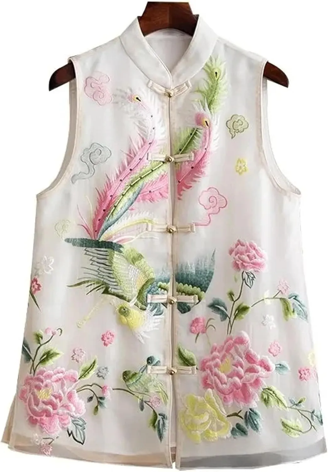 Women's Sleeveless Chiffon Blouses Elegant Mandarin Collar Embroidery Shirt Vintage Button Down Wedding Guest Outfit