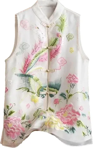 Women's Sleeveless Chiffon Blouses Elegant Mandarin Collar Embroidery Shirt Vintage Button Down Wedding Guest Outfit