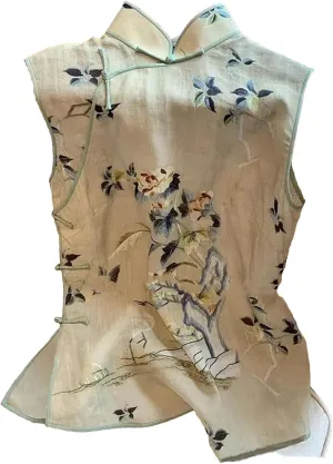 Women's Sleeveless Chiffon Blouses Mandarin Collar Side Split Summer Tank Top Elegant Floral Print Vest