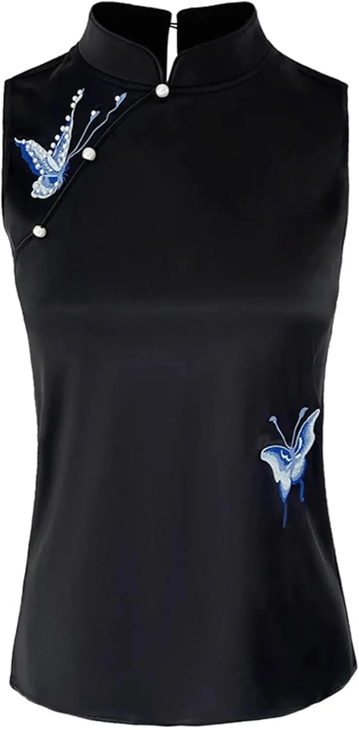 Women's Sleeveless Satin Blouse Mandarin Collar Beaded Button-Down Shirt Formal Wedding Guest Outfit for Evening Party