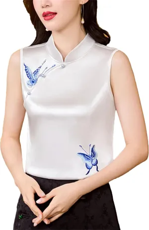 Women's Sleeveless Satin Blouse Mandarin Collar Beaded Button-Down Shirt Formal Wedding Guest Outfit for Evening Party