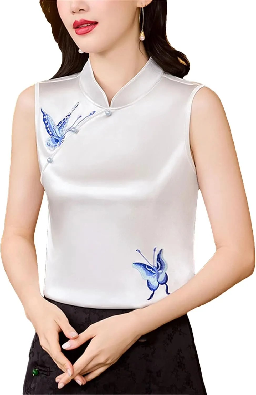 Women's Sleeveless Satin Blouse Mandarin Collar Beaded Button-Down Shirt Formal Wedding Guest Outfit for Evening Party
