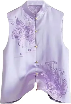 Women's Sleeveless Satin Blouse Mandarin Collar Embroidered Vest Office Work Button-Down Shirt